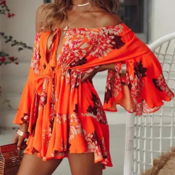 Sexy Orange Bohemian Romper - Picture 1 of 2